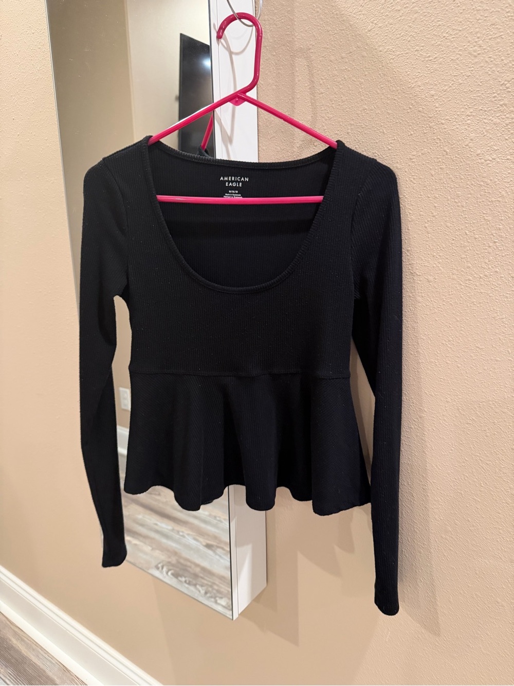 American Eagle Outfitters Black Long-Sleeve Peplum Scoop Top